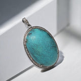 Turquoise Pendant, Silver Pave Diamond Tibetian Turquoise Pendant, Spiritual Chakra Healing Crystal Gemstone Jewelry, December Birthstone