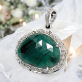 Emerald Pendant, May Birthstone Silver Pave Diamond Crystal Pendant, Heart Chakra Balancing Healing Jewelry, Spiritual Gemstone Pendant Gift