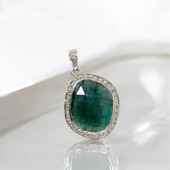 Emerald Pave Diamond Pendant, May Birthstone Silver Pendant, Spiritual Gemstone Jewelry, Heart Chakra Balancing Healing Crystal Jewelry