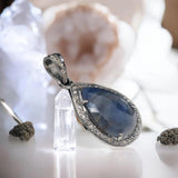 Natural Blue Sapphire Pave Diamond Pendant, Silver Pendant, Spiritual Healing Chakra Gemstone Jewelry, September Birthstone Crystal Pendant