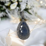 Natural Blue Sapphire Pave Diamond Pendant, Silver Pendant, Spiritual Healing Chakra Gemstone Jewelry, September Birthstone Crystal Pendant