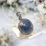 Natural Blue Sapphire Pendant, Silver Pave Diamond Chakra Healing Pendant, Spiritual Crystal Jewelry, September Birthstone Gemstone Jewelry