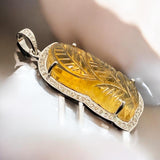 Carved Citrine Pave Diamond Gemstone Pendant, November Birthstone Silver Jewelry, Spiritual Healing Crystal Jewelry, Solar Plexus Chakra