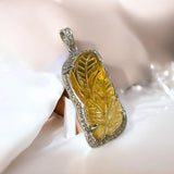 Carved Citrine Pave Diamond Gemstone Pendant, November Birthstone Silver Jewelry, Spiritual Healing Crystal Jewelry, Solar Plexus Chakra
