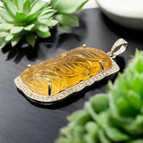 Carved Citrine Pave Diamond Gemstone Pendant, November Birthstone Silver Jewelry, Spiritual Healing Crystal Jewelry, Solar Plexus Chakra