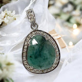 Emerald Pave Diamond Sterling Silver Pendant, May Birthstone Pendant, Heart Chakra Healing Gemstone Jewelry, Spiritual Crystal Pendant Gifts