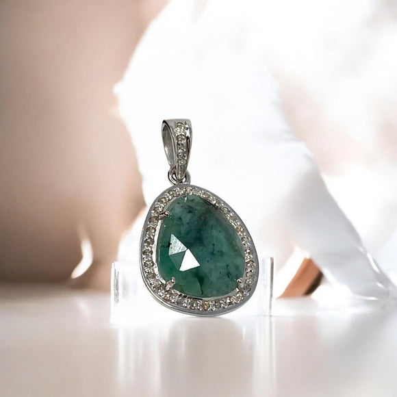 Emerald Pave Diamond Sterling Silver Pendant, May Birthstone Pendant, Heart Chakra Healing Gemstone Jewelry, Spiritual Crystal Pendant Gifts