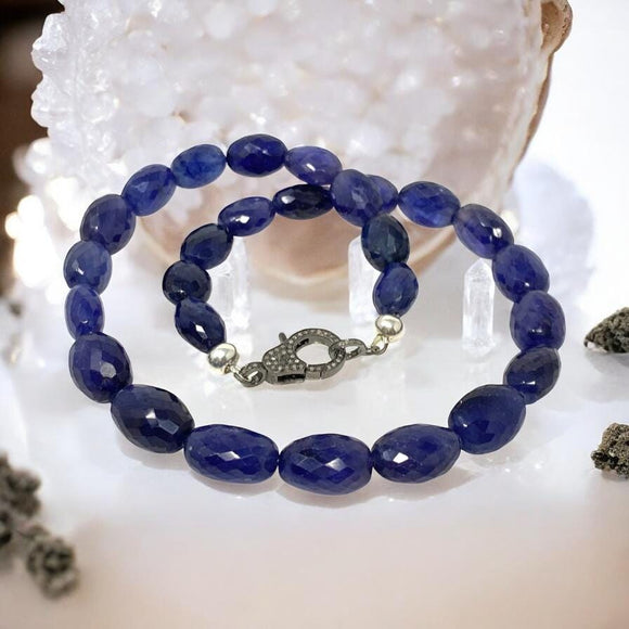 16.85” Genuine Blue Sapphire Necklace with Diamond Clasp, Spiritual Healing Crystal Necklace, Chakra Jewelry, September Birthstone AAA Grade