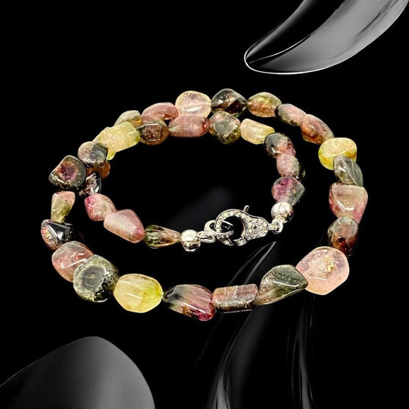 17.25” Tourmaline Necklace with Pave Diamond Clasp, Natural Bicolor Tourmaline Gemstone Necklace, Spiritual Healing Crystal Chakra Jewelry
