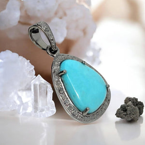 Turquoise Pave Diamond Pendant, Genuine Sleeping Beauty Robin Egg Turquoise Pendant, Spiritual Healing Chakra Crystal Pendant, December Gift