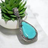 Genuine Sleeping Beauty Turquoise Pendant, Pave Diamond Turquoise Gemstone Jewelry, Spiritual Healing Crystal Pendant, December Birthstone