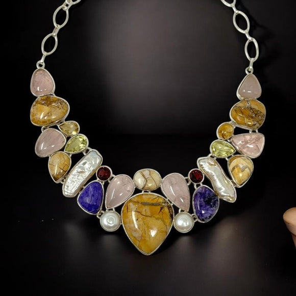 Multi Gemstone Bib Necklace , Spiritual Healing Crystal Cluster Necklace, Sterling Silver Adjustable Necklace, Chakra Jewelry Gifts for Her