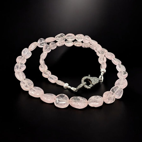 16.5” Genuine Morganite Necklace with Pave Diamond Clasp, Natural Pink Morganite Necklace, AAA Grade, Gifts for Her