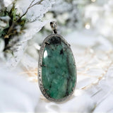 Rare Emerald Diamond Pendant, May Birthstone Silver Gemstone Pendant, Spiritual Healing Crystal Jewelry, Heart Chakra Jewelry 2.5”x 1.30”