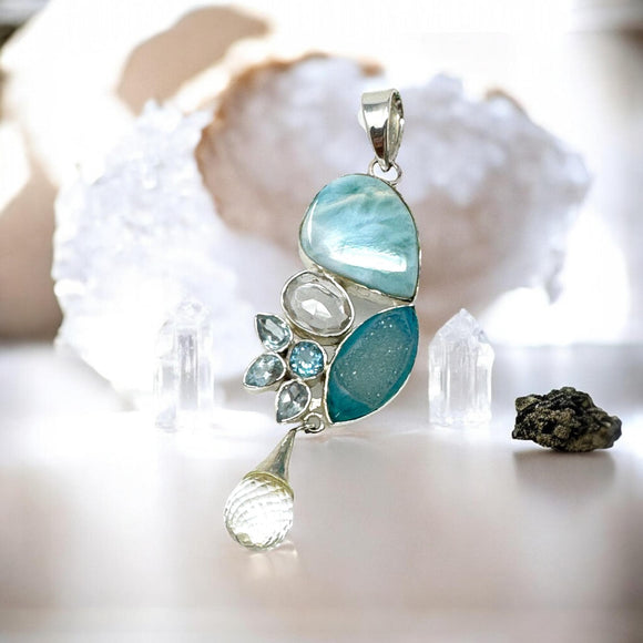 Larimar Pendant with Sky Blue Topaz & Crystal Quartz, Spiritual Healing Crystal Pendant, Silver Gemstone Chakra Jewelry, December Birthstone