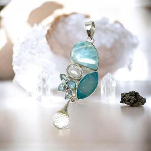 Larimar Pendant with Sky Blue Topaz & Crystal Quartz, Spiritual Healing Crystal Pendant, Silver Gemstone Chakra Jewelry, December Birthstone