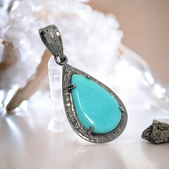 Genuine Sleeping Beauty Turquoise Pendant, Pave Diamond Turquoise Gemstone Jewelry, Spiritual Healing Crystal Pendant, December Birthstone