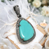 Turquoise Gemstone Pendant, Genuine Sleeping Beauty Turquoise Pave Diamond Pendant, Spiritual Healing Crystal Chakra Birthstone Jewelry