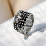 Sterling Silver Ring, Cubic Zirconia Ring, Handmade Statement Wide Band Ring, Gifts for Her, Anniversary Gifts, Black CZ Ring, US Size 7