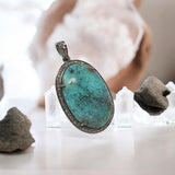 Sterling Silver Turquoise Pendant, Pave Diamond Gemstone Pendant, Spiritual Healing Crystal Jewelry, Chakra Jewelry, December Birthstone