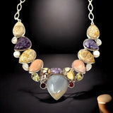 Multi Gemstone Cluster Bib Necklace , Spiritual Healing Crystal Necklace, Handmade Sterling Silver Adjustable Necklace, Chakra Jewelry
