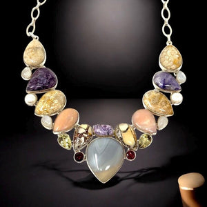 Multi Gemstone Cluster Bib Necklace , Spiritual Healing Crystal Necklace, Handmade Sterling Silver Adjustable Necklace, Chakra Jewelry
