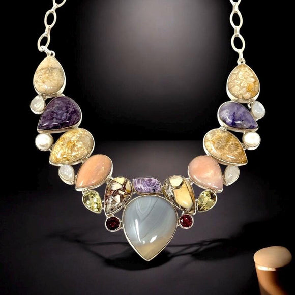Multi Gemstone Cluster Bib Necklace , Spiritual Healing Crystal Necklace, Handmade Sterling Silver Adjustable Necklace, Chakra Jewelry