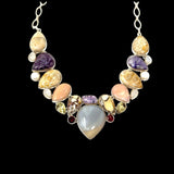 Multi Gemstone Cluster Bib Necklace , Spiritual Healing Crystal Necklace, Handmade Sterling Silver Adjustable Necklace, Chakra Jewelry