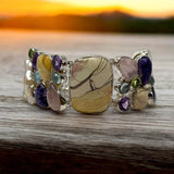 Multi Gemstone Bracelet , Spiritual Healing Crystal Cluster Bracelet, Sterling Silver Adjustable Bracelet, Chakra Jewelry Gifts for Her