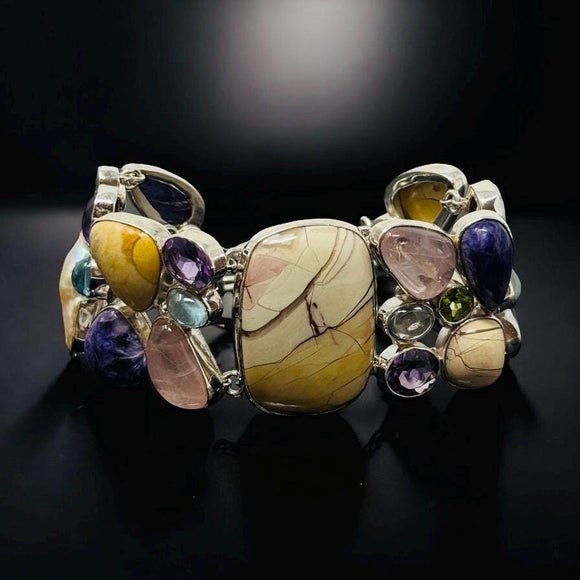 Multi Gemstone Bracelet , Spiritual Healing Crystal Cluster Bracelet, Sterling Silver Adjustable Bracelet, Chakra Jewelry Gifts for Her