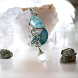 Larimar Pendant with Sky Blue Topaz & Crystal Quartz, Spiritual Healing Crystal Pendant, Silver Gemstone Chakra Jewelry, December Birthstone