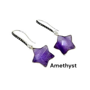 Silver Gemstone Earrings, Star Diamond Earrings, Spiritual Healing Crystal Chakra Jewelry, Amethyst, Carnelian, Citrine, Emerald, Aquamarine