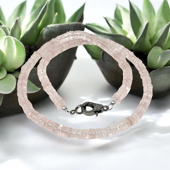 17.75” Rose Quartz Pave Diamond Necklace, Spiritual Healing Crystal Necklace, Heart Chakra Gemstone Jewelry, Birthstone Handmade Gifts