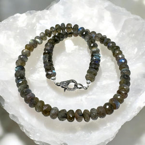 17.25” Natural Labradorite Necklace with Pave Diamond Clasp, Spiritual Healing Crystal Jewelry, Chakra Balancing Jewelry Gifts for Her