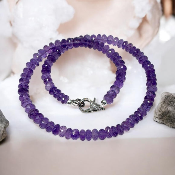 17” Amethyst Necklace, Pave Diamond Spiritual Healing Amethyst Crystal Necklace, Crown Chakra Jewelry, February Birthstone Gifts for Her