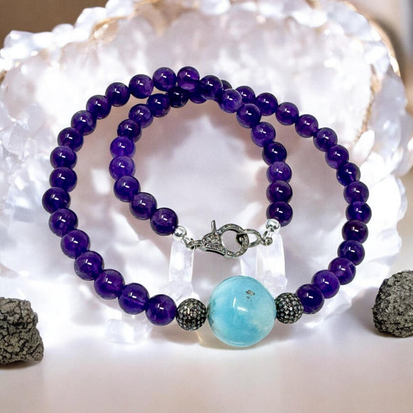 Amethyst and Larimar Pave Diamond Necklace, Amethyst Necklace, Larimar Necklace, Spiritual Healing Chakra Jewelry, Birthstone Necklace Gifts