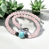 17.45” Rose Quartz and Larimar Pave Diamond Necklace, Spiritual Healing Crystal Necklace, Chakra Gemstone Jewelry, Birthstone Handmade Gifts