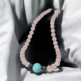 17.45” Rose Quartz and Larimar Pave Diamond Necklace, Spiritual Healing Crystal Necklace, Chakra Gemstone Jewelry, Birthstone Handmade Gifts