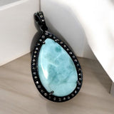 Larimar Gemstone Pendant, Natural Larimar Pave Diamond Pendant, Spiritual Healing Jewelry, Chakra Jewelry, December Birthstone Pendant Gifts