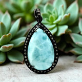 Larimar Gemstone Pendant, Natural Larimar Pave Diamond Pendant, Spiritual Healing Jewelry, Chakra Jewelry, December Birthstone Pendant Gifts