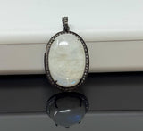 Rainbow Moonstone Pave Diamond Pendant, Silver Gemstone Pendant, Spiritual Healing Crystal Jewelry, Crown Chakra Jewelry, June Birthstone