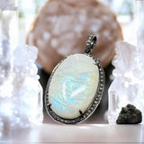 Rainbow Moonstone Pave Diamond Pendant, Silver Gemstone Pendant, Spiritual Healing Crystal Jewelry, Crown Chakra Jewelry, June Birthstone