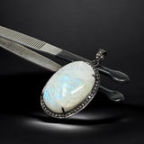 Rainbow Moonstone Pave Diamond Pendant, Silver Gemstone Pendant, Spiritual Healing Crystal Jewelry, Crown Chakra Jewelry, June Birthstone
