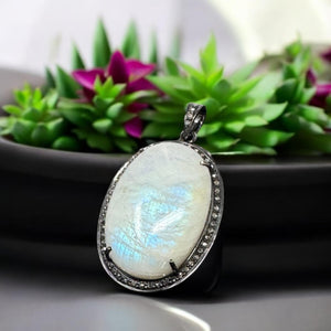 Rainbow Moonstone Gemstone Pendant, Diamond Pendant, Gemstone Pendant, Pave Diamond Pendant, Moonstone Pendant, Sterling Silver Jewelry