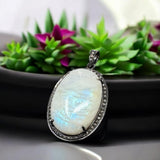 Rainbow Moonstone Pave Diamond Pendant, Silver Gemstone Pendant, Spiritual Healing Crystal Jewelry, Crown Chakra Jewelry, June Birthstone