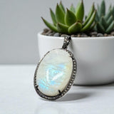 Rainbow Moonstone Pave Diamond Pendant, Silver Gemstone Pendant, Spiritual Healing Crystal Jewelry, Crown Chakra Jewelry, June Birthstone