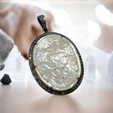 Mother of Pearl Pave Diamond Pendant, Nacre Gemstone Pendant, Healing Chakra Pendant, Chakra Jewelry, June Birthstone Jewelry Gifts