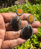 Yellow Sapphire and Smoky Sapphire Gemstone Earrings, Pave Diamond Earrings , Chakra Jewelry, Spiritual Healing Jewelry, Crystal Earrings