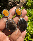 Yellow Sapphire and Smoky Sapphire Gemstone Earrings, Pave Diamond Earrings , Chakra Jewelry, Spiritual Healing Jewelry, Crystal Earrings