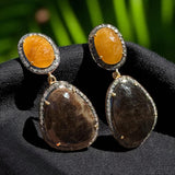 Yellow Sapphire and Smoky Sapphire Gemstone Earrings, Pave Diamond Earrings , Chakra Jewelry, Spiritual Healing Jewelry, Crystal Earrings